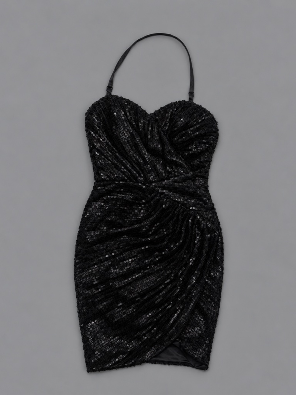 Lipsy Black Sequin Ruched Mini Dress – Size 2